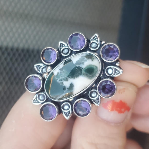 New Tree Agate and Amethyst 925 Silver Statement Ring. - Picture 14 of 16